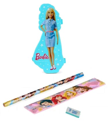School Mate Disney Barbie Theme Shape Double Layer Pencil Box Stationery Holder for Boys and Girls with Pencil, Scale and Eraser Geometry Box Pencil Pouch