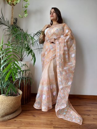 Soft Organza in Peach pastel with Embroidery