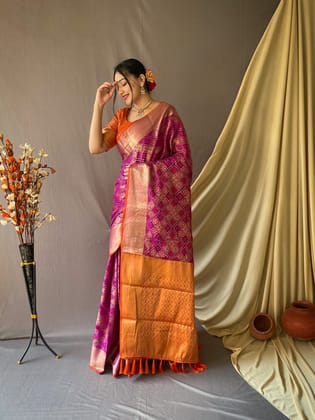 Rich Brocade Silk saree in Pink with Orange border
