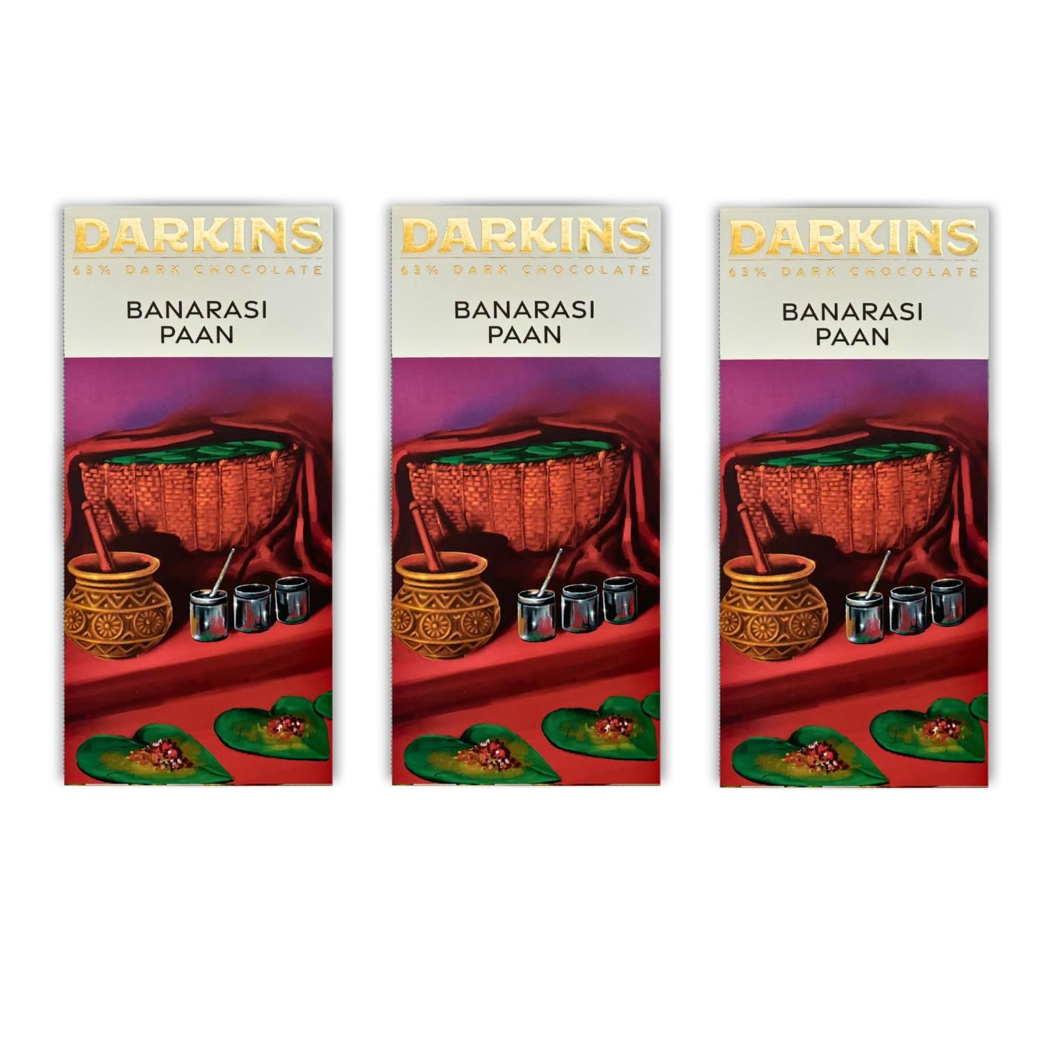 DARKINS Dark Chocolate | 63% Dark Chocolate With Banarsi Paan | Vegan | Gluten-Free | Hand Crafted Chocolate | Natural Chocolate Bar | 50 Gm Each Pack of 3