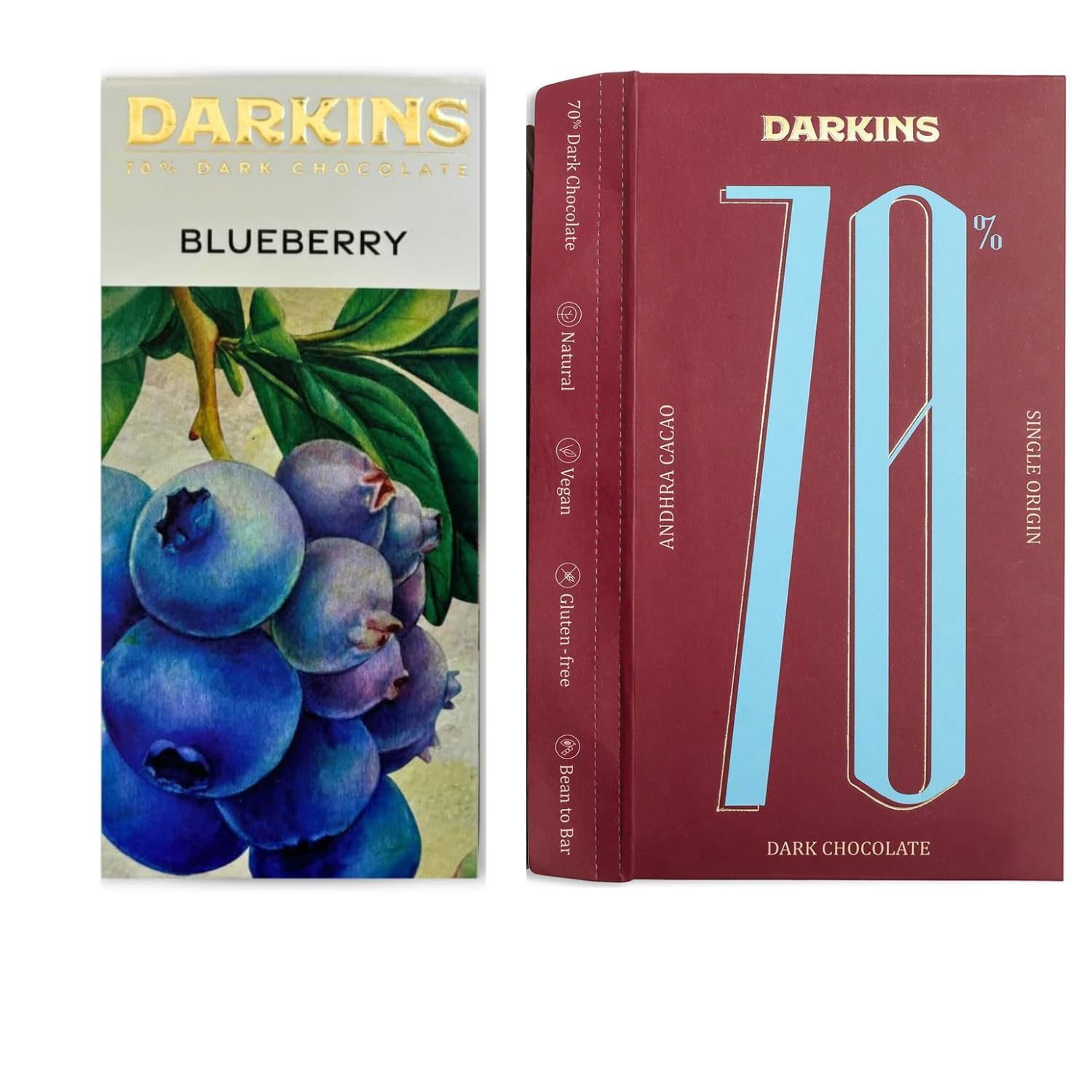 DARKINS Dark Chocolate | 70% Chocolate Blueberries | 70% Chocolate Single Origin | Gluten-free | Hand Crafted Chocolate | Unrefined Cane Sugar | Natural Chocolate Bar | Pack Of 2