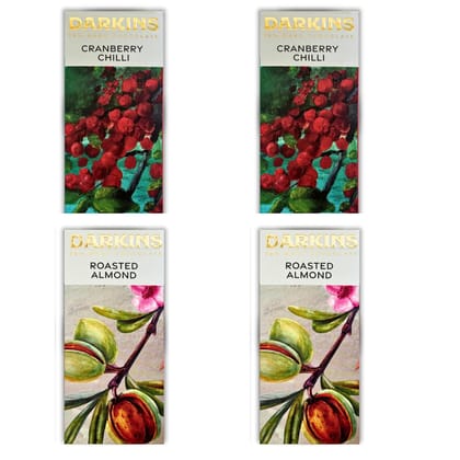 DARKINS Dark Chocolate | 70% Chocolate Cranberry & Chilli | 70% Chocolate Roasted Almond | Gluten-Free | Hand Crafted | Unrefined Cane Sugar | Natural Chocolate Bar | 50 Gm Each Pack of 4