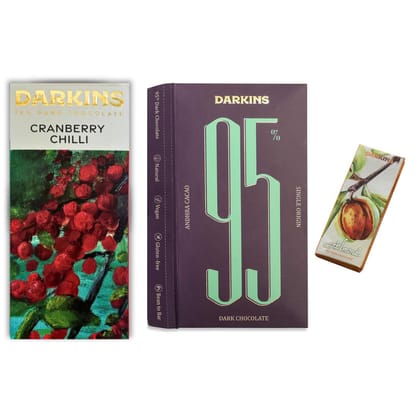 DARKINS Dark Chocolate | 70% Chocolate Cranberry & Chilli | 95% Chocolate Single Origin | Free 35g Roasted Almond Bar | Vegan | Gluten-free | Hand Crafted Chocolate | Unrefined Cane Sugar | Natural Chocolate Bar | Pack Of 2