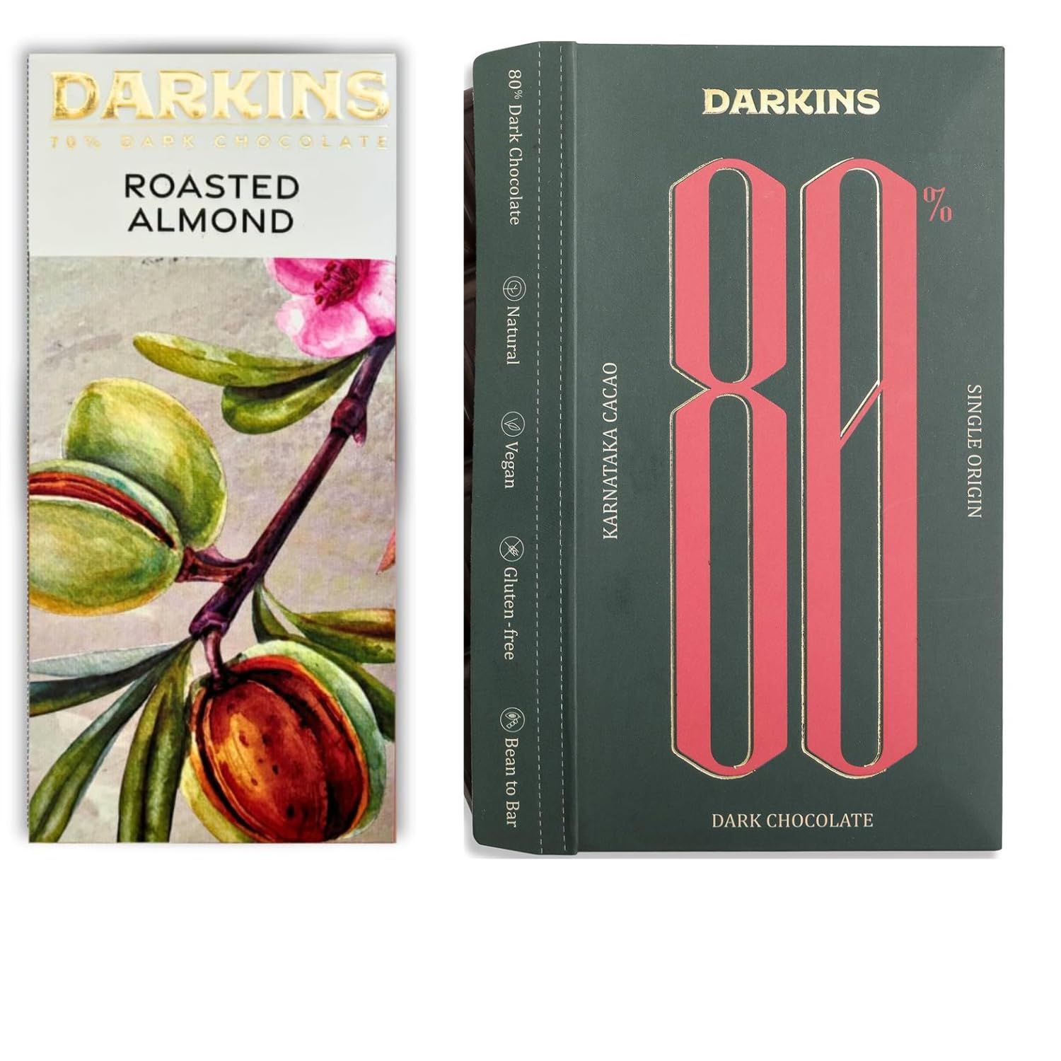 DARKINS Dark Chocolates | 70% Dark Chocolate With Roasted Almond | 80% Dark Chocolate Single Origin | Vegan | Natural | Bean To Bar | Cacao Beans | Unrefined Cane Sugar | Pack Of 2