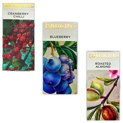 DARKINS Dark Chocolate | 70% Blueberries | 70% Roasted Almond | 70% Cranberry & Chilli | Gluten-free | Unrefined Cane Sugar | Natural Chocolate Bar | 50 Gm Each Pack Of 3