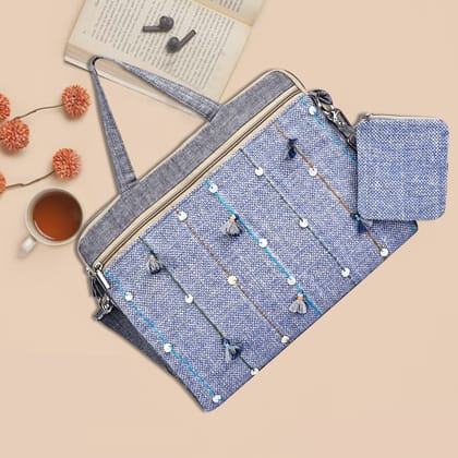 Laptop Bag In Blue Linen Cotton With Handwork Laptop Bag In Blue Linen Cotton With Handwork