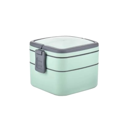 BENTO GREEN DOUBLE-LAYER PORTABLE LUNCH BOX STACKABLE WITH CARRYING HANDLE AND SPOON LUNCH BOX (1 PCS)