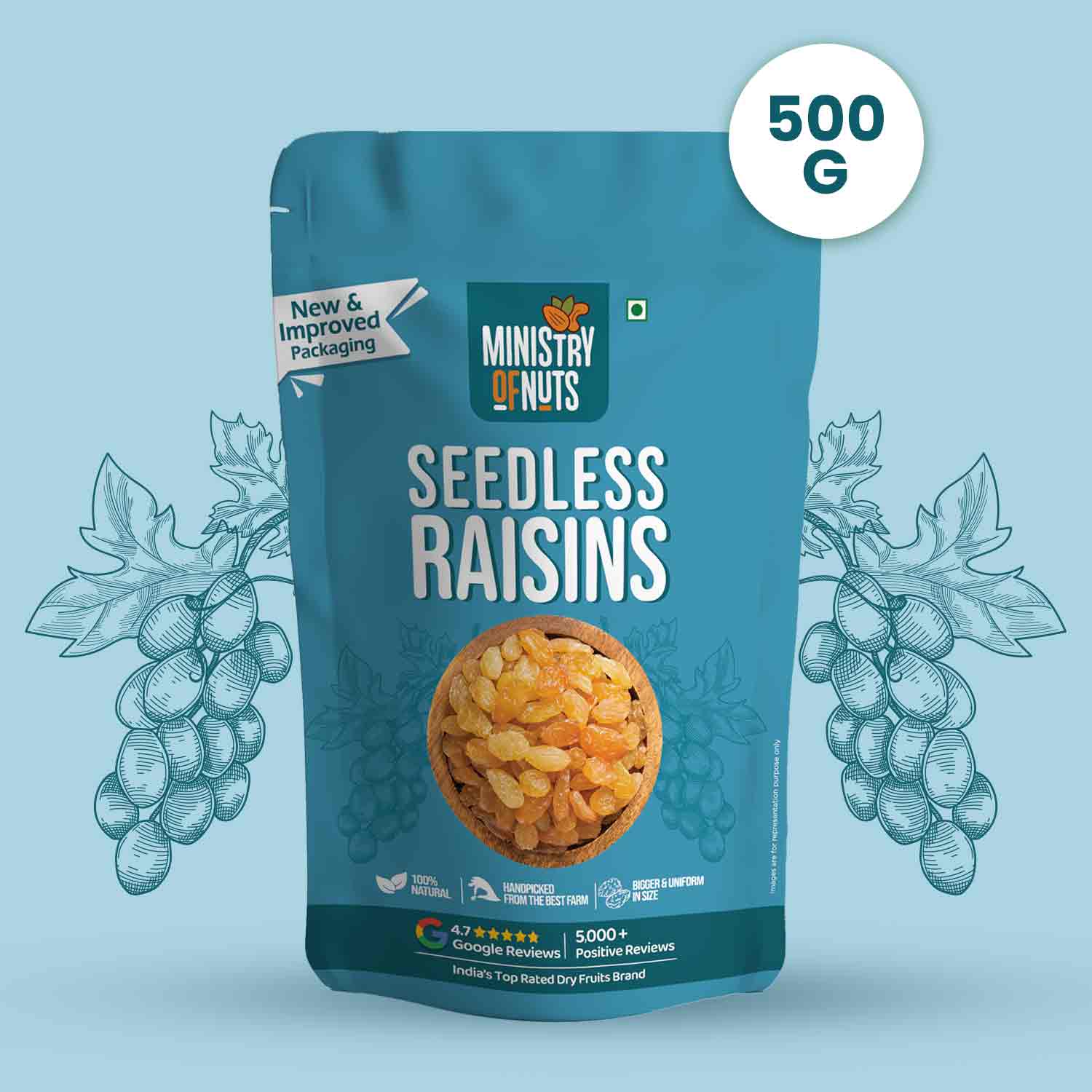 Ministry Of Nuts Premium Seedless Raisins All Natural, Good Source of Dietary Fibers, Energy Booster Zero Cholesterol & Trans Fat (Raisins 500g)