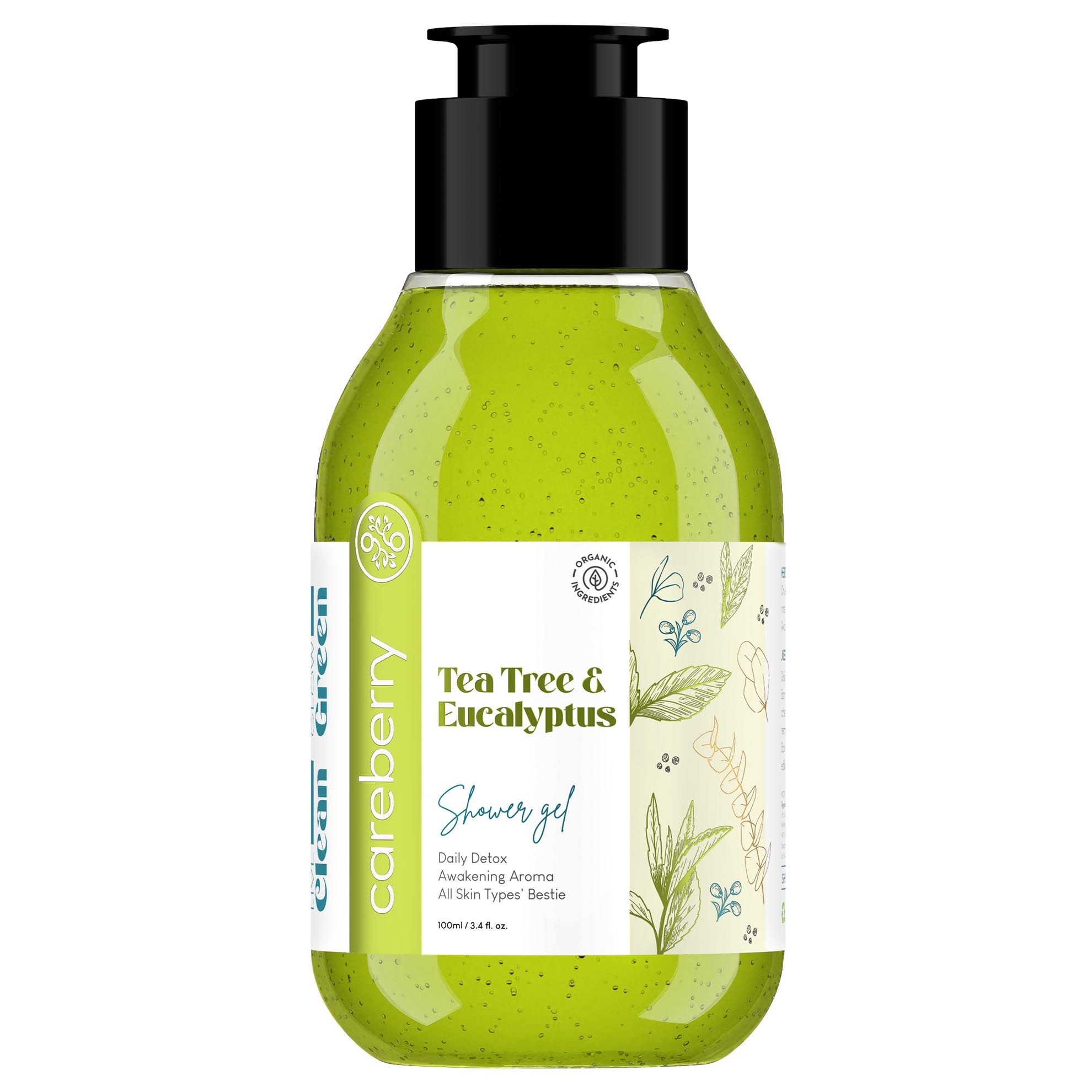 Careberry Tea Tree & Eucalyptus Oil Shower Gel, For Daily Detox, Ayurvedic Ayush Certified, Paraben & Sulphate Free 100ml