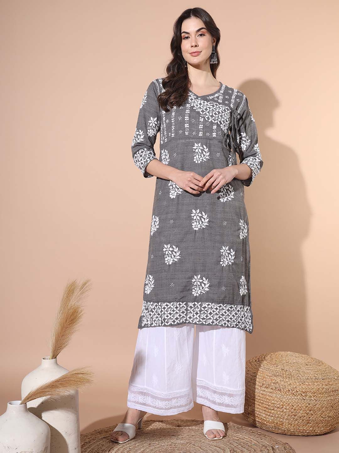 Hand Embroiderd Chikankari Khadi Cotton Anghrakha Kurta with Sharara-2560-108