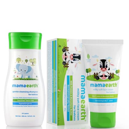Mamaearth Gentle Cleansing Shampoo For Babies (200ml) + Mamaearth Milky Soft Face Cream for Babies with Milk Protein Murumuru Butter (60gm)
