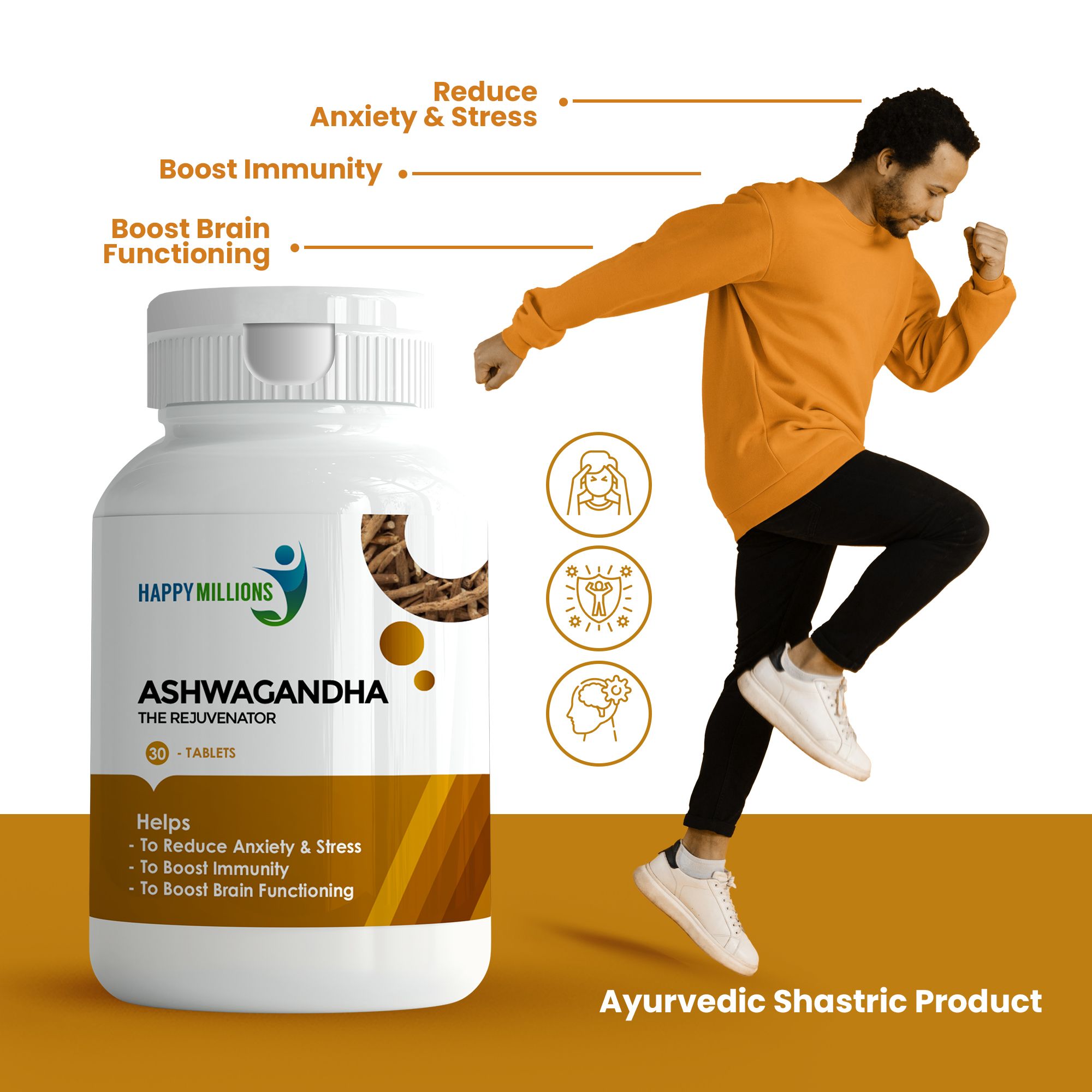 Happy Millions Ayurvedic Ashwagandha - The Rejuvenator | 30 Tablet