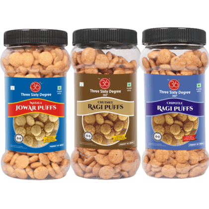 360 Three Sixty Degree Slow Roasted Masala Jowar + Chutney & Chipotle Ragi Puffs Combo (3Jars x 80grams) 240Grams | High Protein | Namkeen | Maida Free