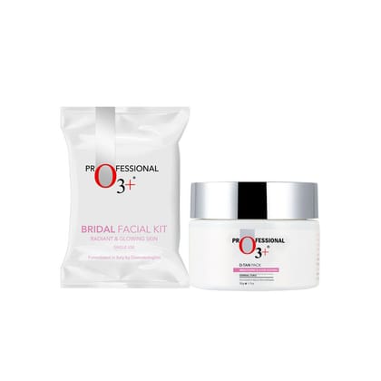 O3+ Bridal Facial Kit for Radiant & Glowing Skin (54gm+66ml) + O3+ Brightening & Whitening Dermal Zone D-Tan Pack For De Tan (50g) Pack of 2