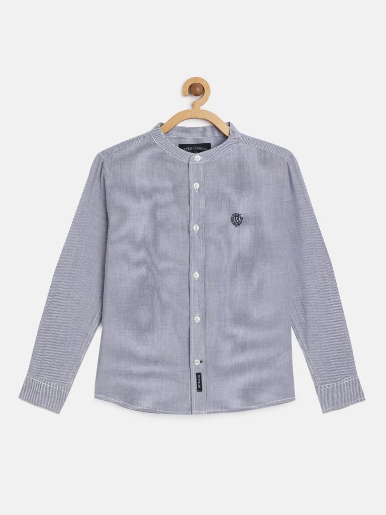 Boys Blue & White Regular Fit Striped Casual Shirt