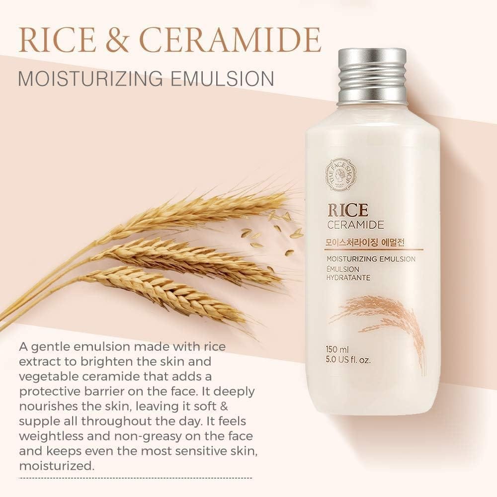 The Face Shop Rice&Ceramide Moisturizing Emulsion With Rice Extracts|Light Weight Emulsion|Locks Moisture For 12 Hours,For Soft And Glowing Skin |Korean Beauty Products For All Skin,150Ml,Liquid