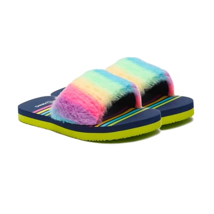 ONYC Kids Slippers for Girls, Premium Rainbow Fur Sliders, Navy Blue