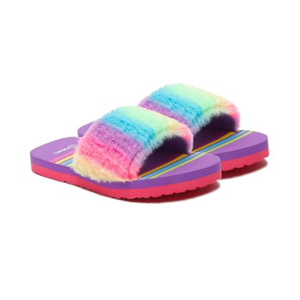 ONYC Kids Slippers for Girls, Premium Rainbow Fur Sliders, Purple