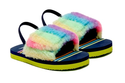 ONYC Kids Slippers - Rainbow Fur Sliders for Girls, Navy Blue