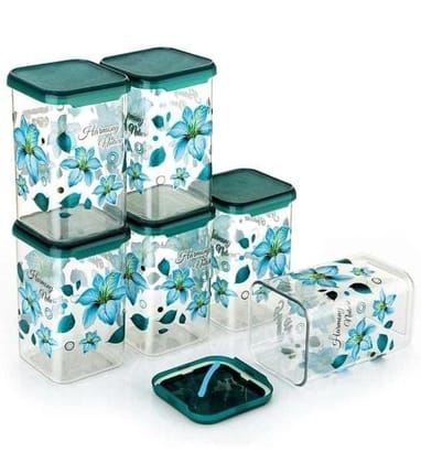 HAPPI Multipurpose Unbreakable Plastic Modular Transparent Square Printed Containers Set For Kitchen Storage Airtight Box Dabba For Spice, Masala Box for Kitchen 1100 ml (Pack of 6 - Blue)