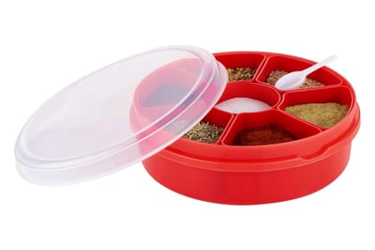 HAPPI Plastic Masala Box for Kitchen, Spice Boxes for Kitchen, Transparent Rangoli/Spice/Masala Dabba Storage Container 7 Compartments with 1 Spoon (Red)