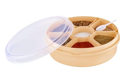 HAPPI Plastic Masala Box for Kitchen, Spice Boxes for Kitchen, Transparent Rangoli/Spice/Masala Dabba Container 7 Compartments with 1 Spoon