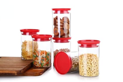 HAPPI Multipurpose Modular Transparent Storage Containers Set For Kitchen / Round Unbreakable Plastic Airtight Box Dabba For Spice,Masala,Cereals, Dal, Dry Fruits, Snacks, Pulses ( Multicolor, 900 Ml Each, Set of 6 pc)