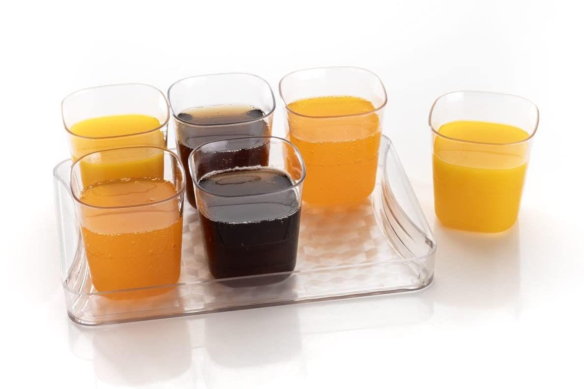 HAPPI Unbreakable Water and Juice Drinking Glass Set with Serving Tray Sharbat/Beer/Wine Glass Plastic PET Transparent Stylish Set, 6 Pieces 250 Ml Glass with Tray for Kitchen