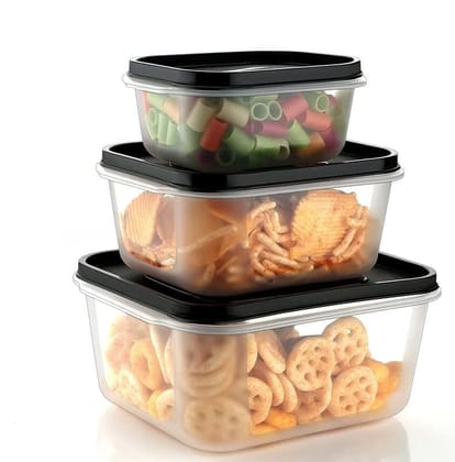 HAPPI Multipurpose Plastic Food Storage Containers with Airtight Lid 3 Pcs Masala Box for Kitchen, Container for Kitchen Storage Set Dry Fruits Dabba 700ml, 1400ml, 2400ml (Black)