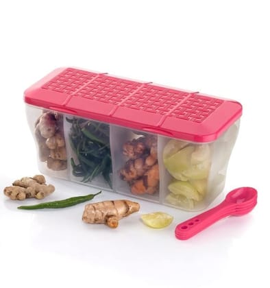 HAPPI Multipurpose Plastic 4 In 1 Masala Box for Kitchen, Spice Boxes for Kitchen, Transparent 4 Compartment Storage Containers Airtight Grocery,Cereal,Dry Fruits Dabba 1800 Ml with 4 Spoons (Pink)