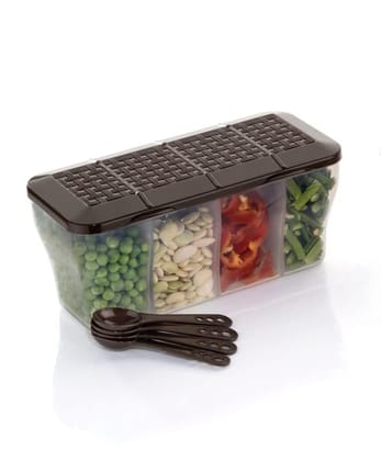 HAPPI Multipurpose Plastic 4 In 1 Masala Box for Kitchen, Spice Boxes for Kitchen, Transparent 4 Compartment Storage Containers Airtight Grocery,Cereal,Dry Fruits Dabba 1800 Ml with 4 Spoons(Brown)