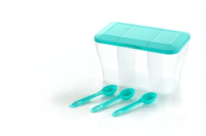 HAPPI Multipurpose Plastic 3 In 1 Masala Box for Kitchen, Spice Boxes for Kitchen, Transparent 3 Section Storage Containers Airtight Grocery,Cereal,Dry Fruits Dabba 1100 Ml with 3 Spoons(Sea Green)