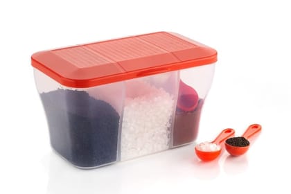 HAPPI Multipurpose Plastic 3 In 1 Masala Box for Kitchen, Spice Boxes for Kitchen, Transparent Storage Containers, Grocery, Cereal, Dry Fruits Dabba 1100 Ml with 3 Spoons(Color May Vary)
