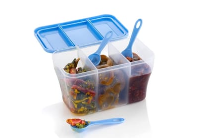 HAPPI Multipurpose Plastic 3 In 1 Masala Box for Kitchen, Spice Boxes for Kitchen, Transparent 3 Compartment Storage Containers Airtight Grocery,Cereal,Dry Fruits Dabba 1100 Ml with 3 Spoons(Blue)