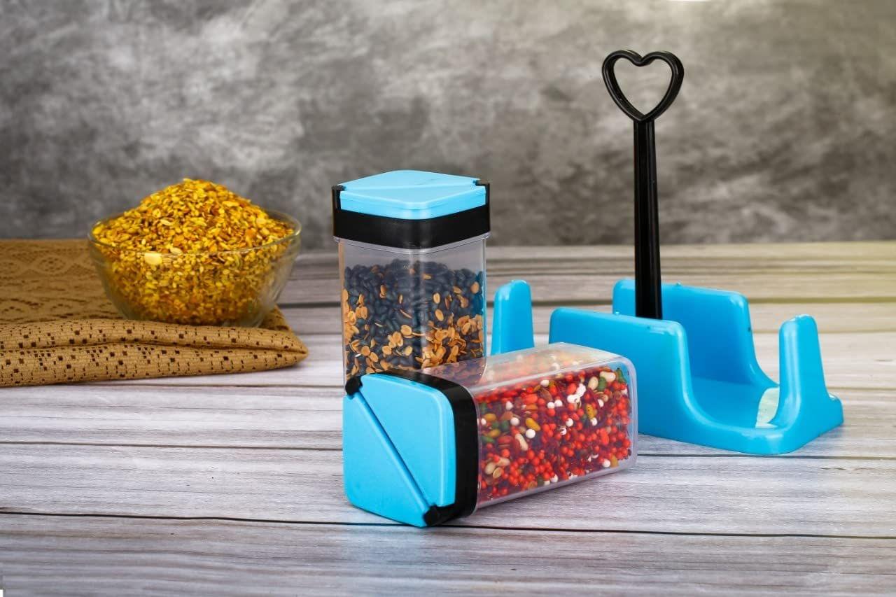HAPPI Transparent Salt and Pepper Shakers Dispenser Adjust and Sprinkles Set (100 ml Each Jar) 2 Pcs with Stand Revolving Spice Rack for Dining Table Masala Dabbi (Color May Vary)