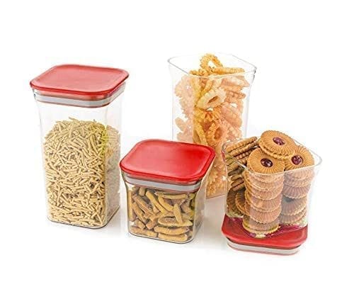 HAPPI Multipurpose Modular Transparent Storage Containers Set For Kitchen / Square Unbreakable Plastic Airtight Box Dabba For Spice,Masala,Cereals, Dal, Dry Fruits, Snacks, Pulses - Set Of 4 (Multicolor- 1100 ml - 2 pc , 600 ml- 2 pc )