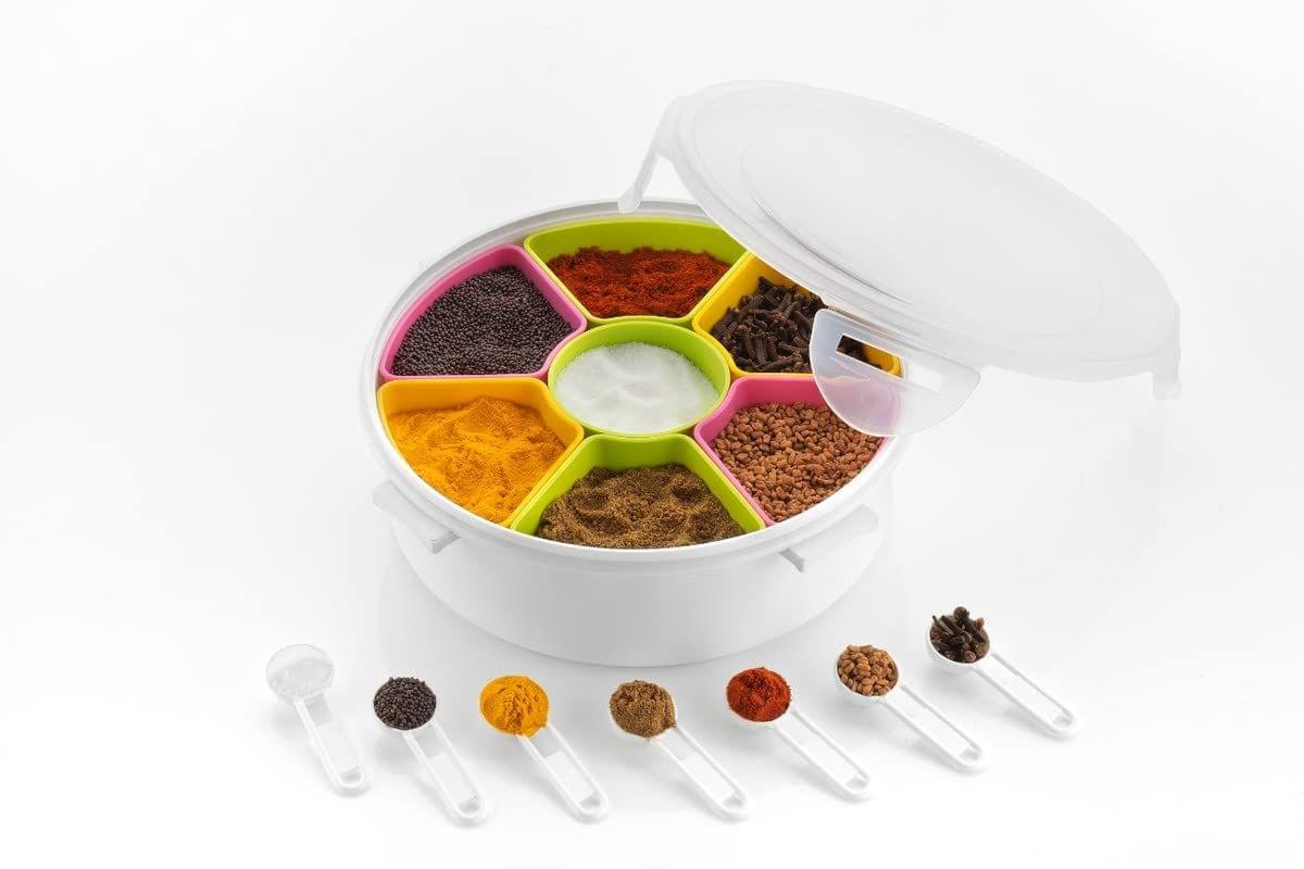 HAPPI Multipurpose Plastic Masala Box for Kitchen Premium, Spice Boxes for Kitchen Rangoli/Spice/Masala Dabba Container 7 Compartments with 1 Spoon Round