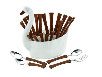 HAPPI Cutlery Set for Dining Table with Stand 24 Pieces Duck Shape Stylish Stainless Steel - 6 Table Spoons, 6 Tea Spoons, 6 Forks, 6 Dessert Spoons (Multicolor) HAPPI Cutlery Set for Dining Table with Stand 24 Pieces Duck Shape Stylish Stainless Steel - 6 Table Spoons, 6 Tea Spoons, 6 Forks, 6 Dessert Spoons (Multicolor)