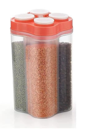 HAPPI Multipurpose Plastic 4 In 1 Masala Box for Kitchen, Spice Boxes for Kitchen, Transparent 4 Section Storage Containers Airtight Lock Grocery,Cereal,Dry Fruits Dabba 2500 Ml (Red)