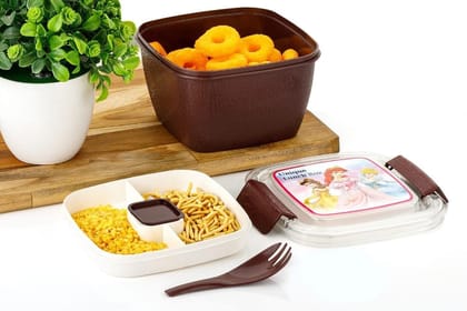 HAPPI BPA-Free 2 Side Lock System Lunch Box for Office Men and Lunch Box for Kids, Food Warmer Lunch Box Having Chatni/Sauce Small Container with Reusable Fork (Brown)