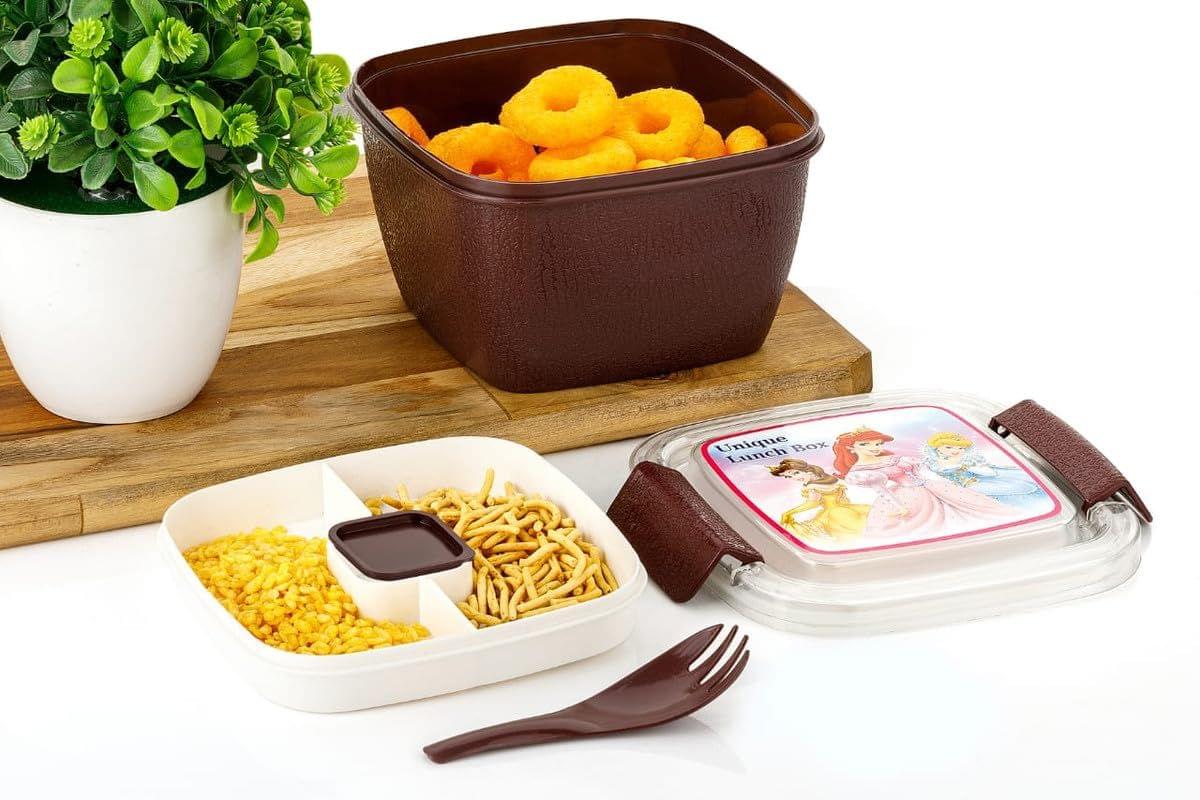 HAPPI BPA-Free 2 Side Lock System Lunch Box for Office Men and Lunch Box for Kids, Food Warmer Lunch Box Having Chatni/Sauce Small Container with Reusable Fork (Brown)