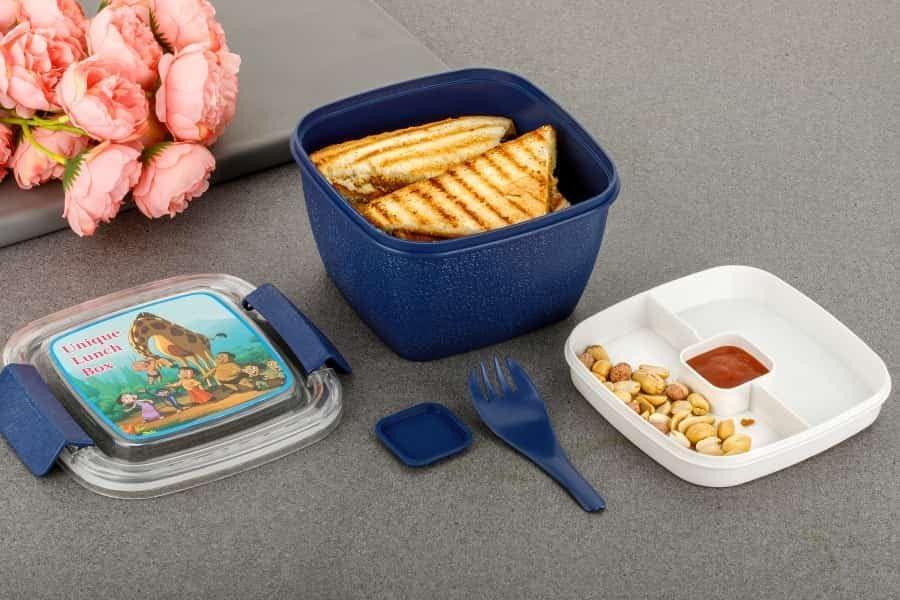 HAPPI BPA-Free 2 Side Lock System Lunch Box for Office Men and Lunch Box for Kids, Food Warmer Lunch Box Having Chatni/Sauce Small Container with Reusable Fork (Blue)