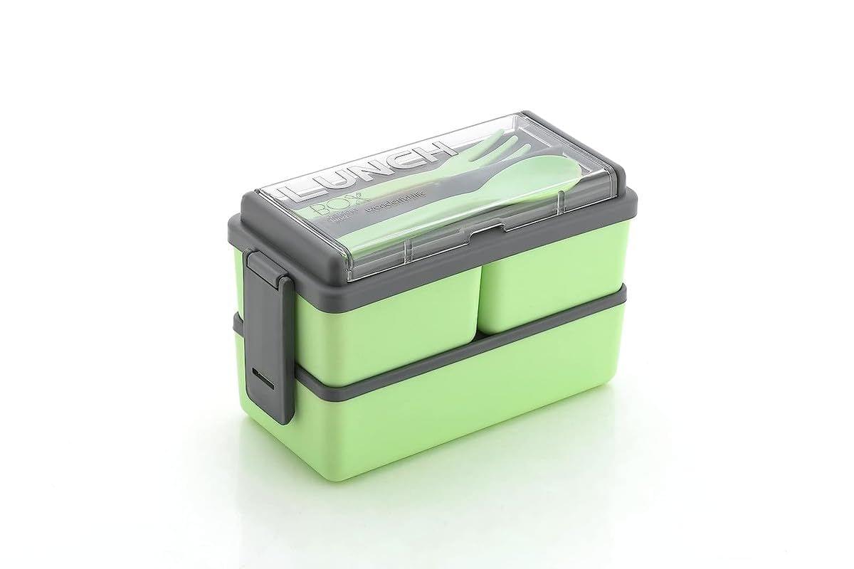 HAPPI 3 Compartment Leak Proof Lock System Lunch Box for Office Men and Lunch Box for Kids, Microwave Safe Food Warmer Lunch Box with 2 Spoons Set (Green)