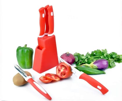 HAPPI Knife Set with Stand, Knife Set for Kitchen with Holder, Knife and Peeler Set 4 Knife + 1 Peeler + 1 Stand (Color May Vary) HAPPI Knife Set with Stand, Knife Set for Kitchen with Holder, Knife and Peeler Set 4 Knife + 1 Peeler + 1 Stand (Color May Vary)