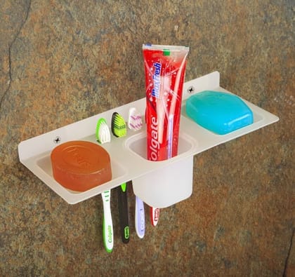 HAPPI Unbreakable ABS Plastic 4 in 1 Soap Dish Holder Glass Tumbler and Tooth Brush Holders, Soap Stand, Soap Case, Soap Holder Stand�Wall Mounted for Bathroom�(White)