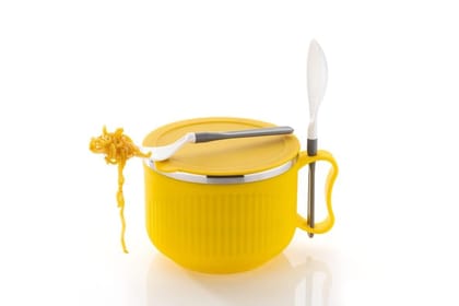 HAPPI Stainless Steel Noodle & Soup Bowl with Handle & Spoons, Leak Proof Bowl for Pasta, Soup, Rice, Maggie Food Container Mug for Use in Kitchen, School, Office, Travel (Yellow-700ml)