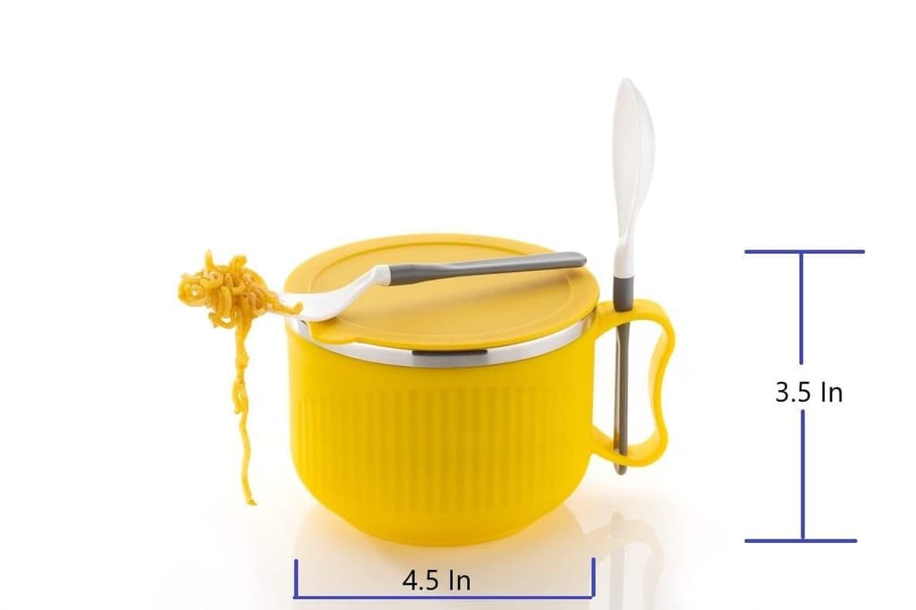 HAPPI Stainless Steel Noodle & Soup Bowl with Handle & Spoons, Leak Proof Bowl for Pasta, Soup, Rice, Maggie Food Container Mug for Use in Kitchen, School, Office, Travel (Yellow-700ml)
