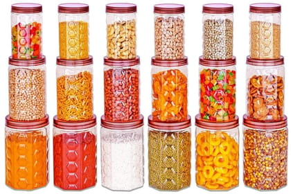 HAPPI Multipurpose Unbreakable Plastic Transparent Airtight Containers Set Masala Box For Kitchen Storage Box Dabba For Spice, Pack of 18 (6 Pcs of 350ml, 650ml, 1200ml - Maroon)