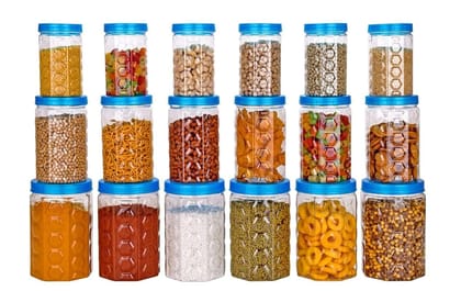 HAPPI Multipurpose Unbreakable Plastic Transparent Airtight Container Set Masala Box For Kitchen Storage Box Dabba For Spice, Pack of 18 (6 Pcs of 350ml, 650ml, 1200ml - Cyan)