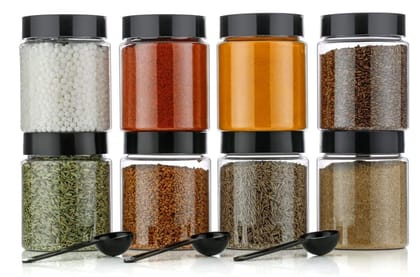 HAPPI Multipurpose Unbreakable Plastic Transparent Storage Containers For Kitchen Airtight Masala Box Dabba Spice, Cereal, Dry Fruits Spice Box 250 ML Round with Spoons (Set of 8 Pcs)